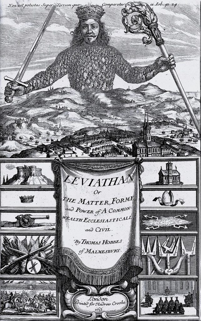 Wir sehen das historische Bild des Leviathans. Ein König, der aus den Leibern seiner Untertanen aufgebaut ist. Dazu die Inschrift: „Leviathan or the Matter, Forme and Power of a Commonwealth Ecclesiasticall and Civil“